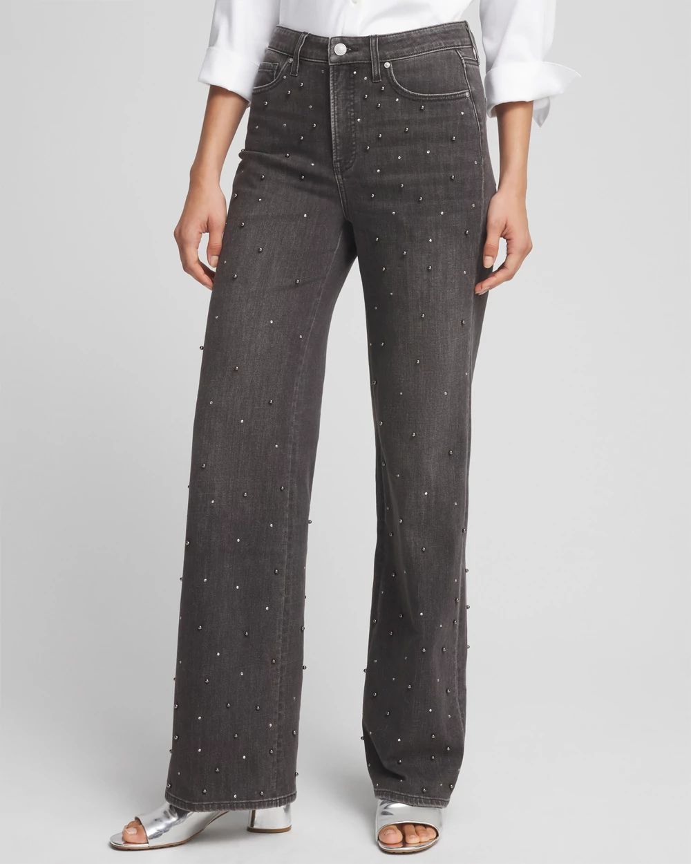 Kedera Women High Waist Rhinestone Jeans Loose Fit Pearls